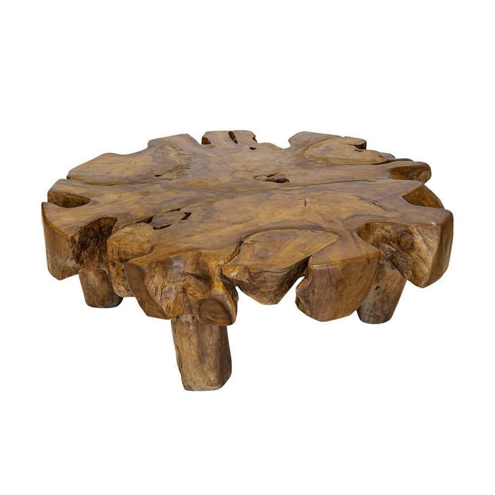 Benjara 47 Inch Coffee Table, Teak Root Frame, Natural Wood Grains, Classic Brown