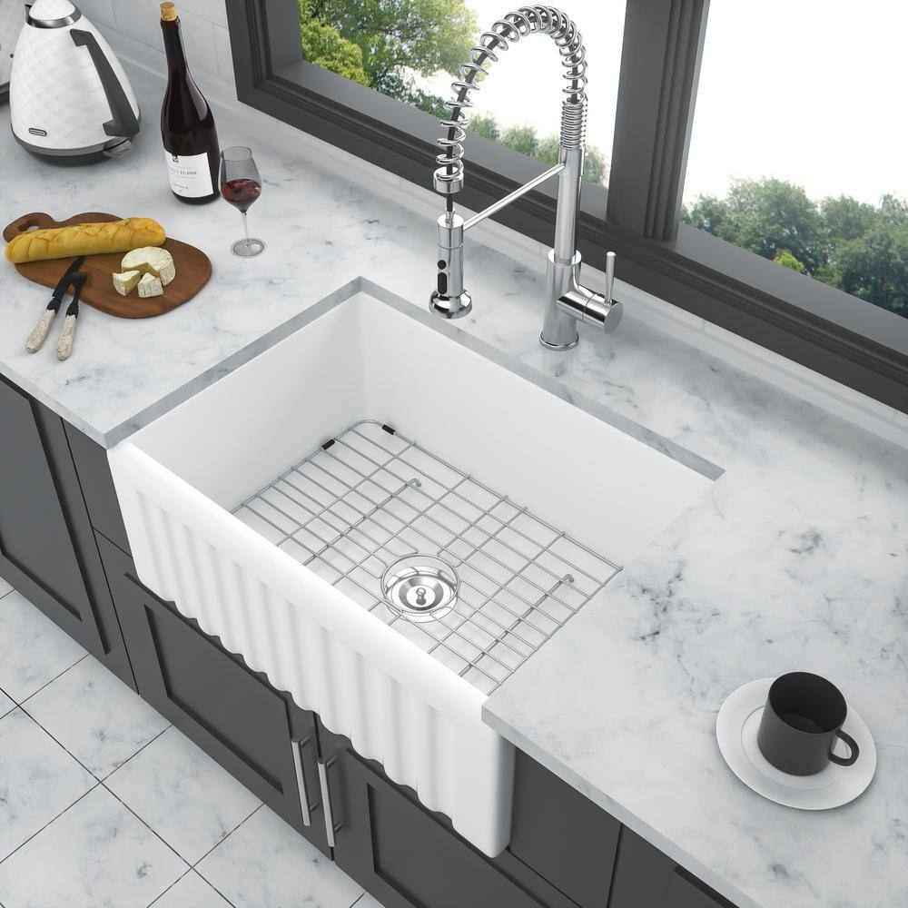 24 Inch Farmhouse Sink , White Farm Sink for Small Kitchen and Laundry, Luxury Fireclay Porcelain Ceramic Apron Sink Single Basin with Bottom Grid and Strainer