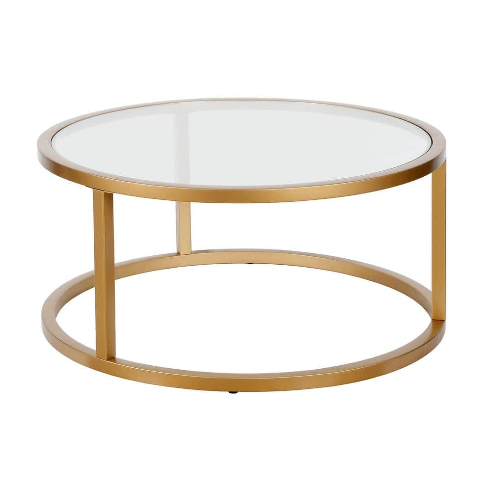 Evelyn&Zoe Metal Round Pedastal Base Coffee Table in Gold and Brass Finish