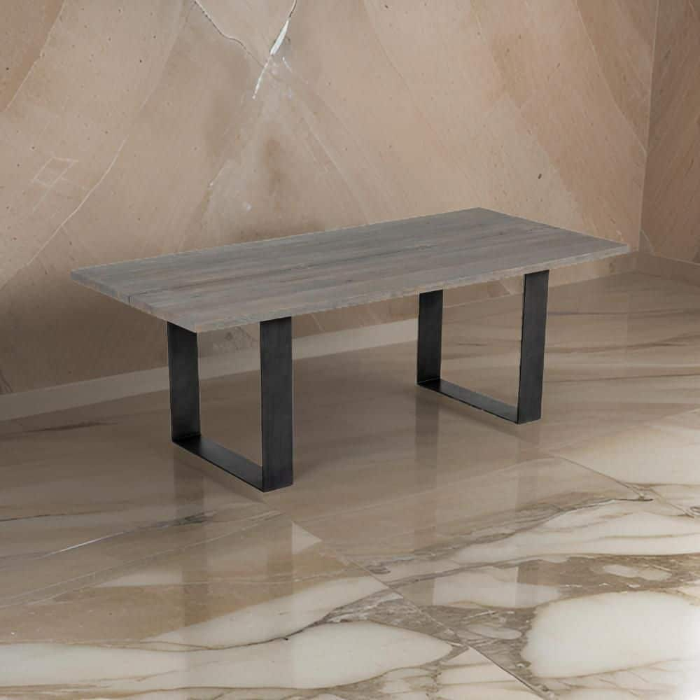 Benjara 87 Inch Dining Table, Rectangular Top, Open Metal Panel, Gray Oak, Black