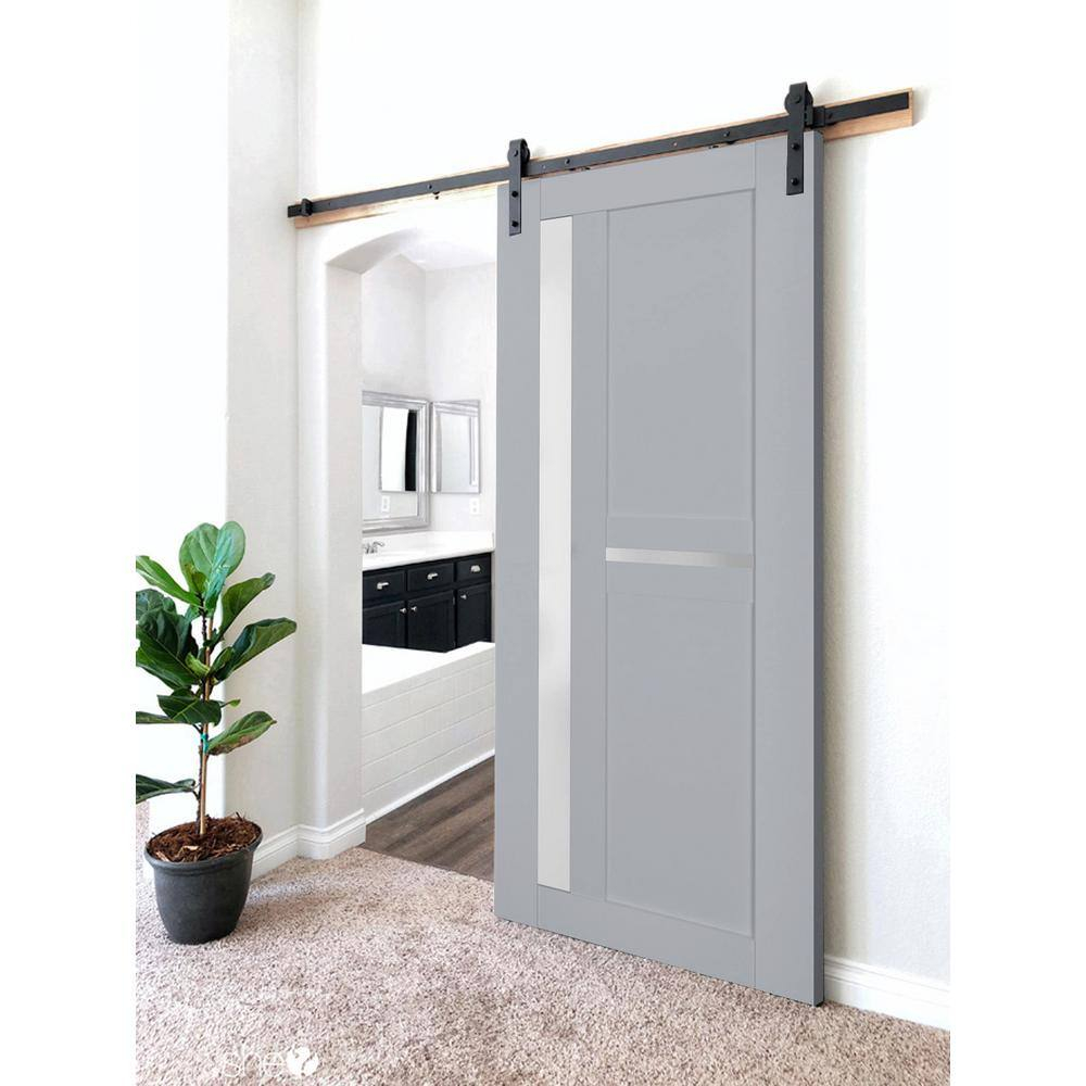 Sturdy Barn Door Frosted Glass | Veregio 7288 Matte Grey | 6.6FT Rail Hangers Heavy Hardware Set | Solid Panel Interior Doors-30" x 84"-Black Rail