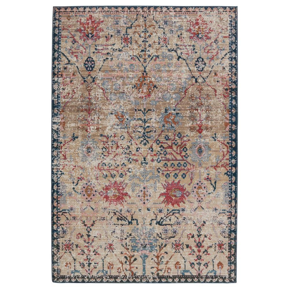 Tan and Blue Synthetic 8' x 10' Rectangular Area Rug