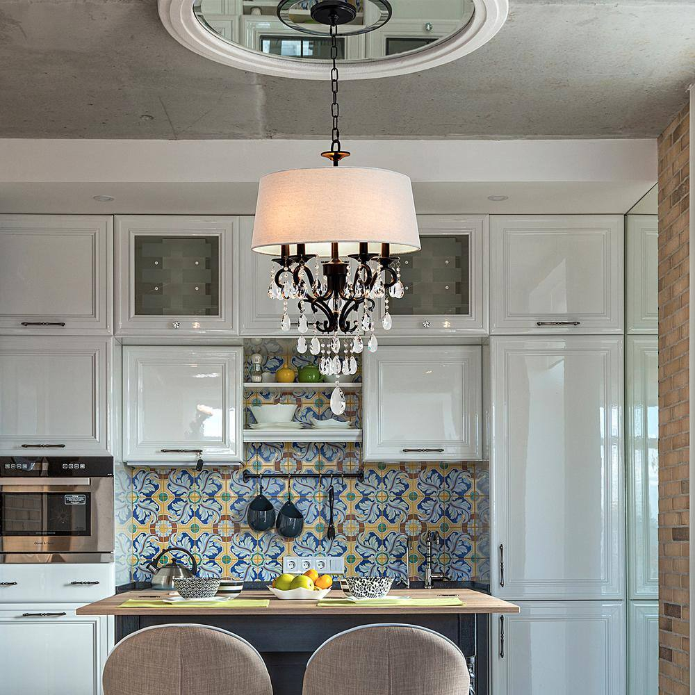 18 in. 5-Light Blackened Bronze Crystal Chandelier with Fabric Shade