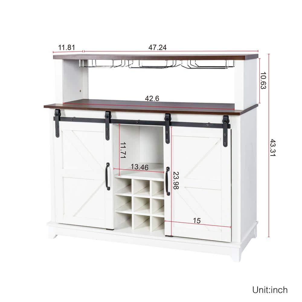 47.24 in. White and Dark Brown MDF Coffee Bar Wine Cabinet with Sliding Barn Door
