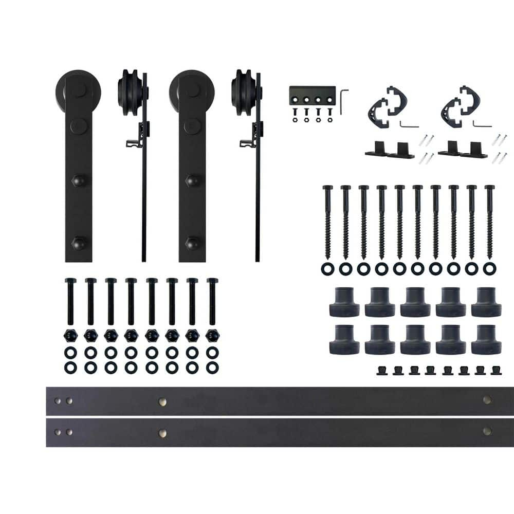 Homacer Black Rustic Sliding Barn Door Hardware Kit, for Two/Double Doors, 14ft Long Flat Track, Straight Design Roller, Heavy Duty, for Interior & Exterior Use