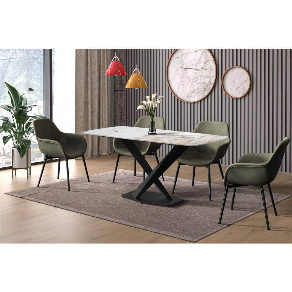 LeisureMod Voren Modern Dining Table with 62" Rectangular Sintered Stone or Glass Wide Tabletop and Black Steel Legs for Home, Kitchen, Dining or Conference Room in White Grey
