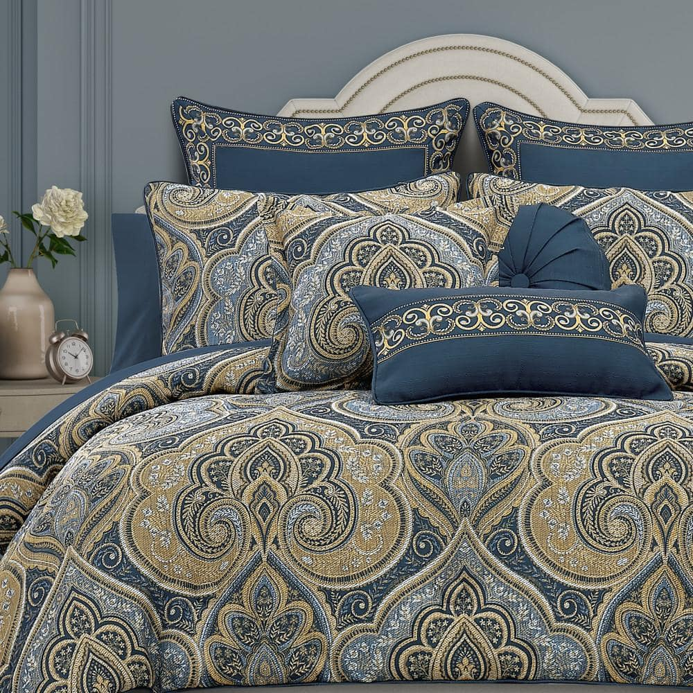 Navy and Gold Damask Microfiber Full Comforter Set