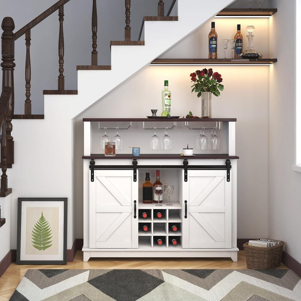 47.24 in. White and Dark Brown MDF Coffee Bar Wine Cabinet with Sliding Barn Door