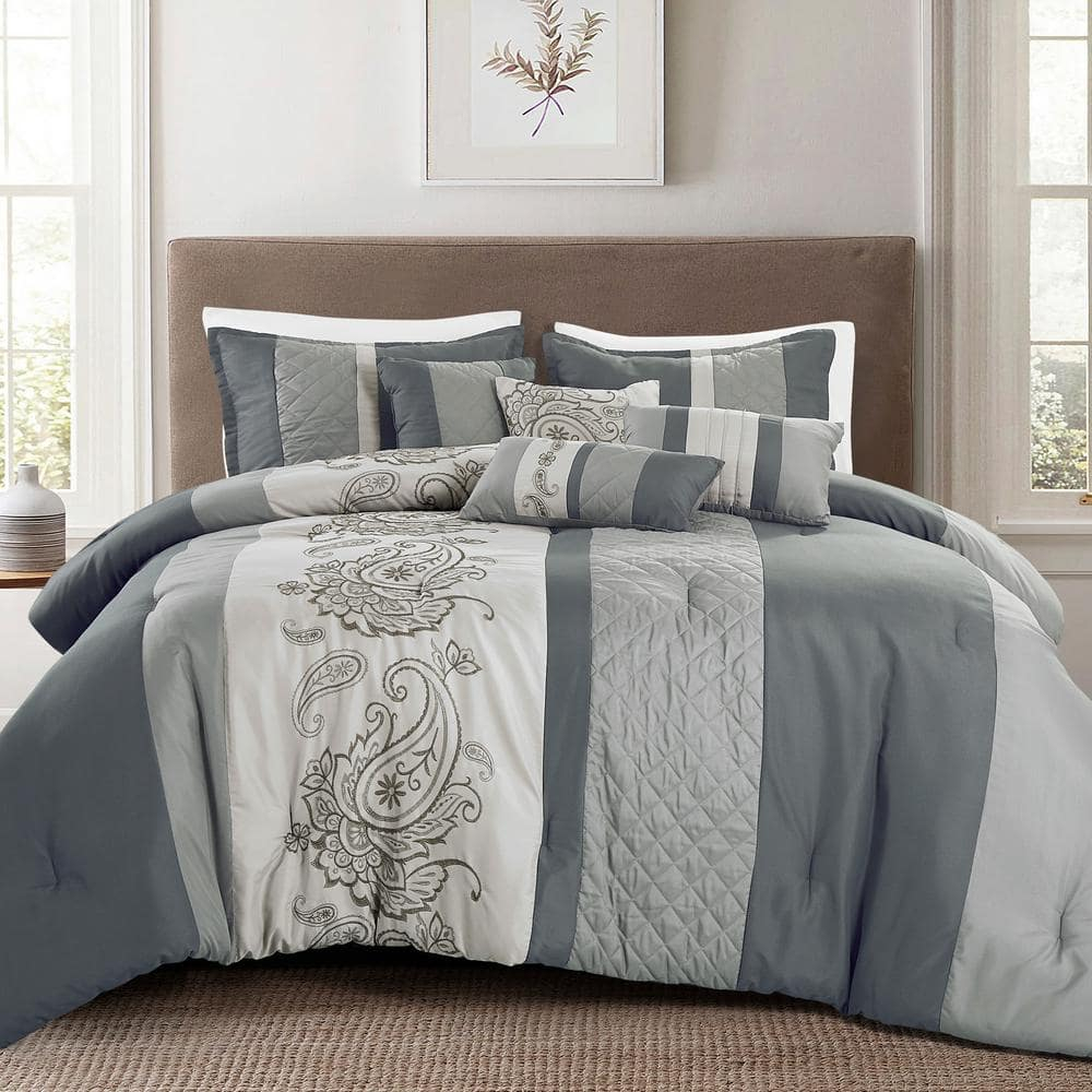 Luxurious King Gray and White Microfiber Bed in a Bag Set