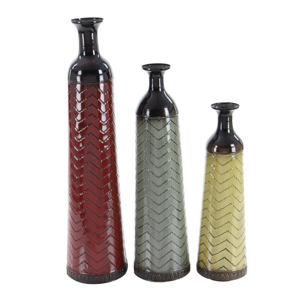 DecMode 32", 27", 22"H Tall Enameled Bottleneck Floor Multi Colored Metal Vase with Chevron Pattern, Set of 3