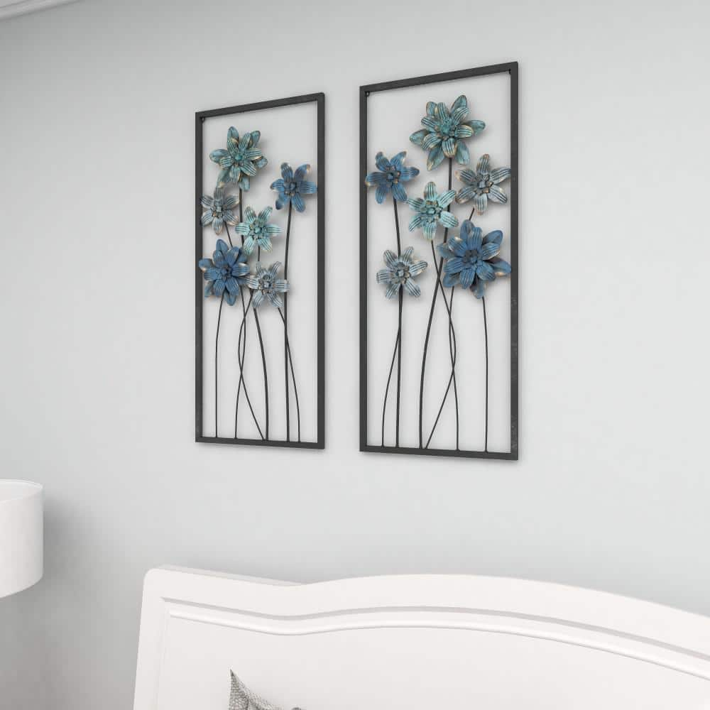 DecMode Gray Metal Floral Wall Decor with Black Frame (2 Count)