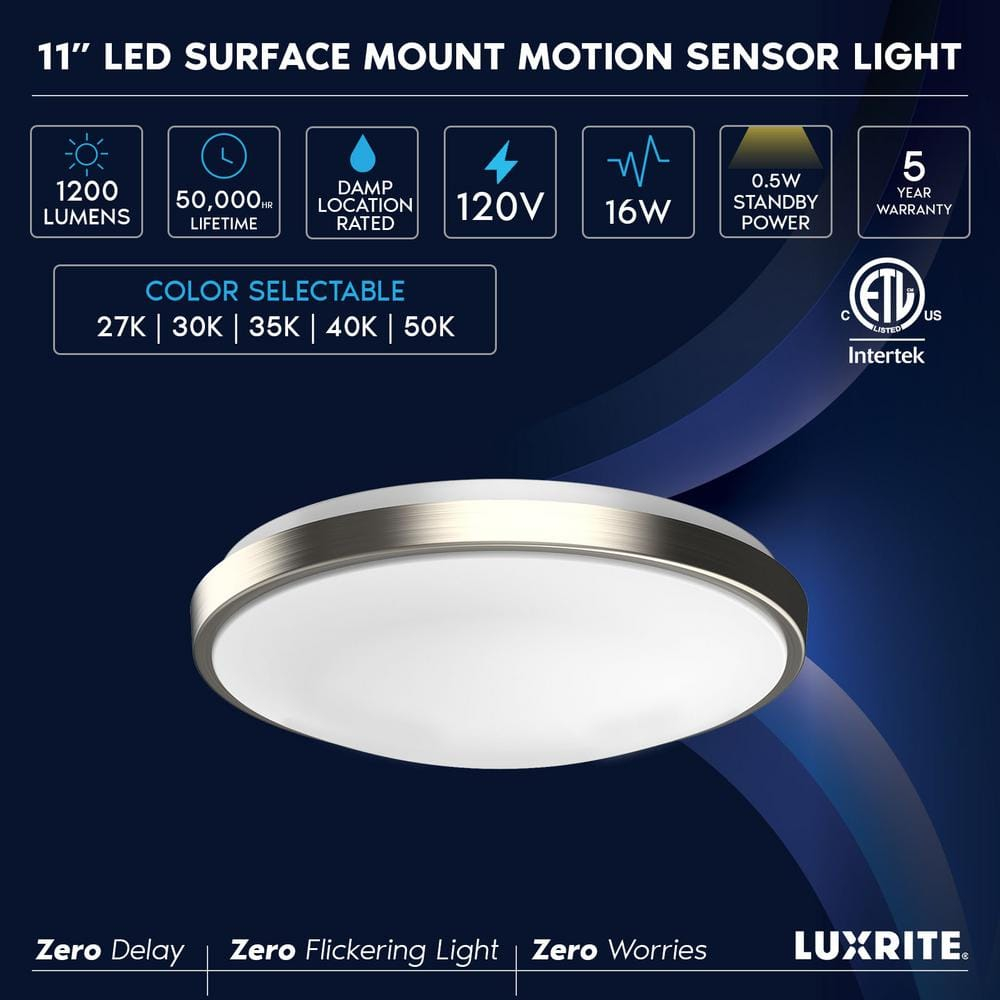 Luxrite Motion Sensor LED Flush Mount Ceiling Light, 11 Inch, 5CCT 2700K-5000K, 16W, 1200 Lumens, ETL