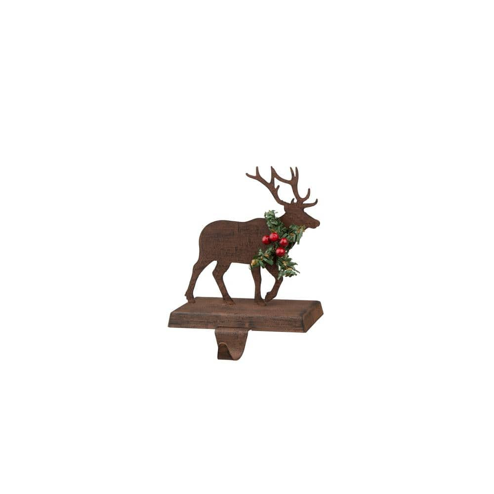 6.5" Brown and Green Unique Wooden Reindeer Stocking Holder