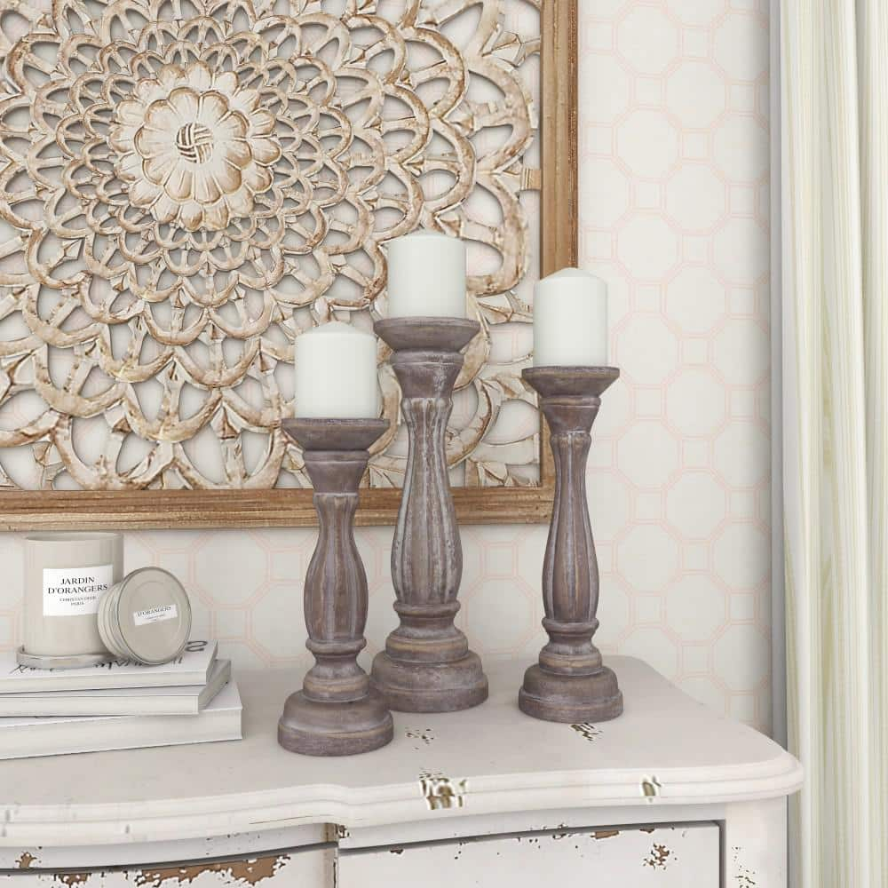 DecMode 3 Candle Brown Wood Candle Holder, Set of 3
