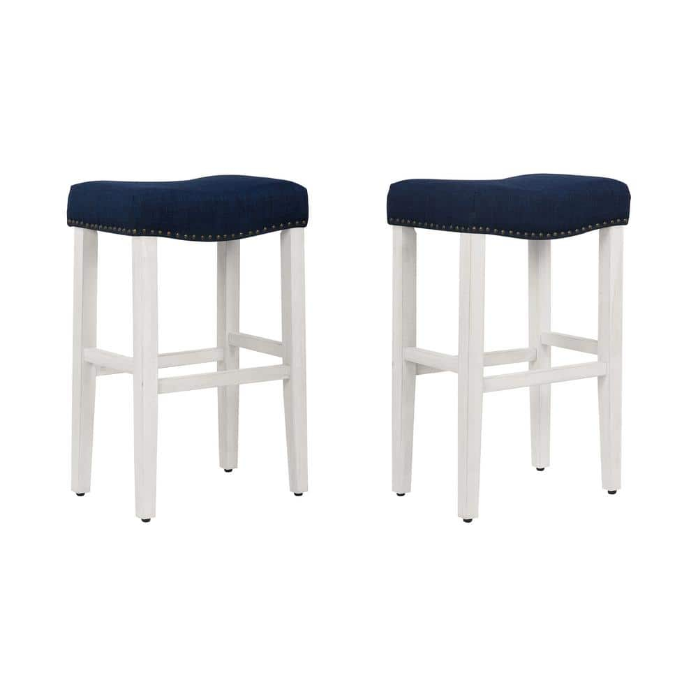 Polytrends Jameson Upholstered Polyester 29" Bar Stool with White Legs - (Set of 2) Antique White/Black