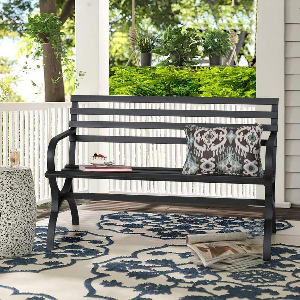 PHI VILLA Outdoor Garden Bench, 48” Long Metal Steel Bench with Backrest and Armrests, Modern Slatted Design for Patio, Lawn, Yard, Porch - Black