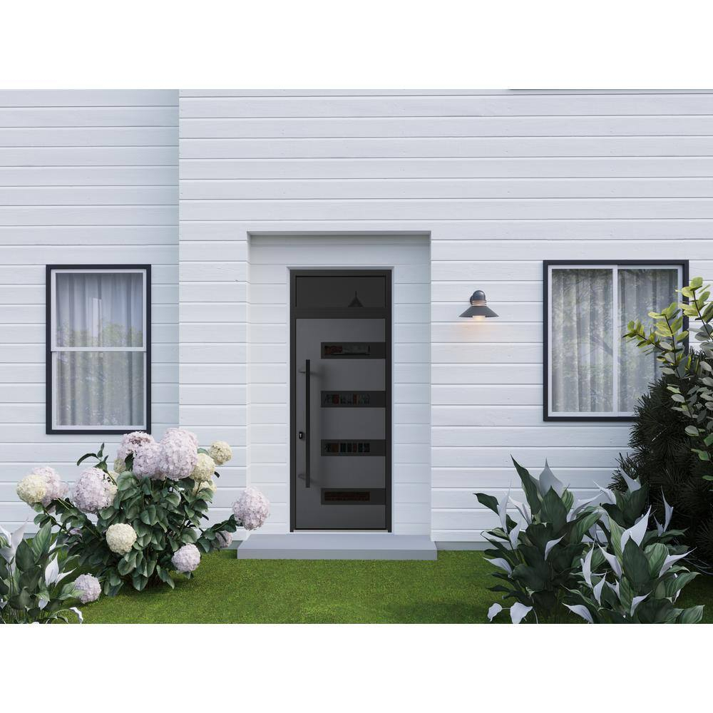 Front Exterior Prehung Steel Door / Ronex 0130 Grey / 2 Side and Top Exterior Window Sidelite / Entry Metal Modern Painted W14+36+14" x H80+16" Left hand Inswing