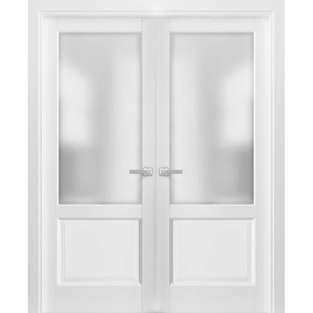 French Double Panel Lite Doors with Hardware | Lucia 22 White Silk with Frosted Opaque Glass | Panel Frame Trims | Bathroom Bedroom Interior Sturdy Door-36" x 84" (2* 18x84)
