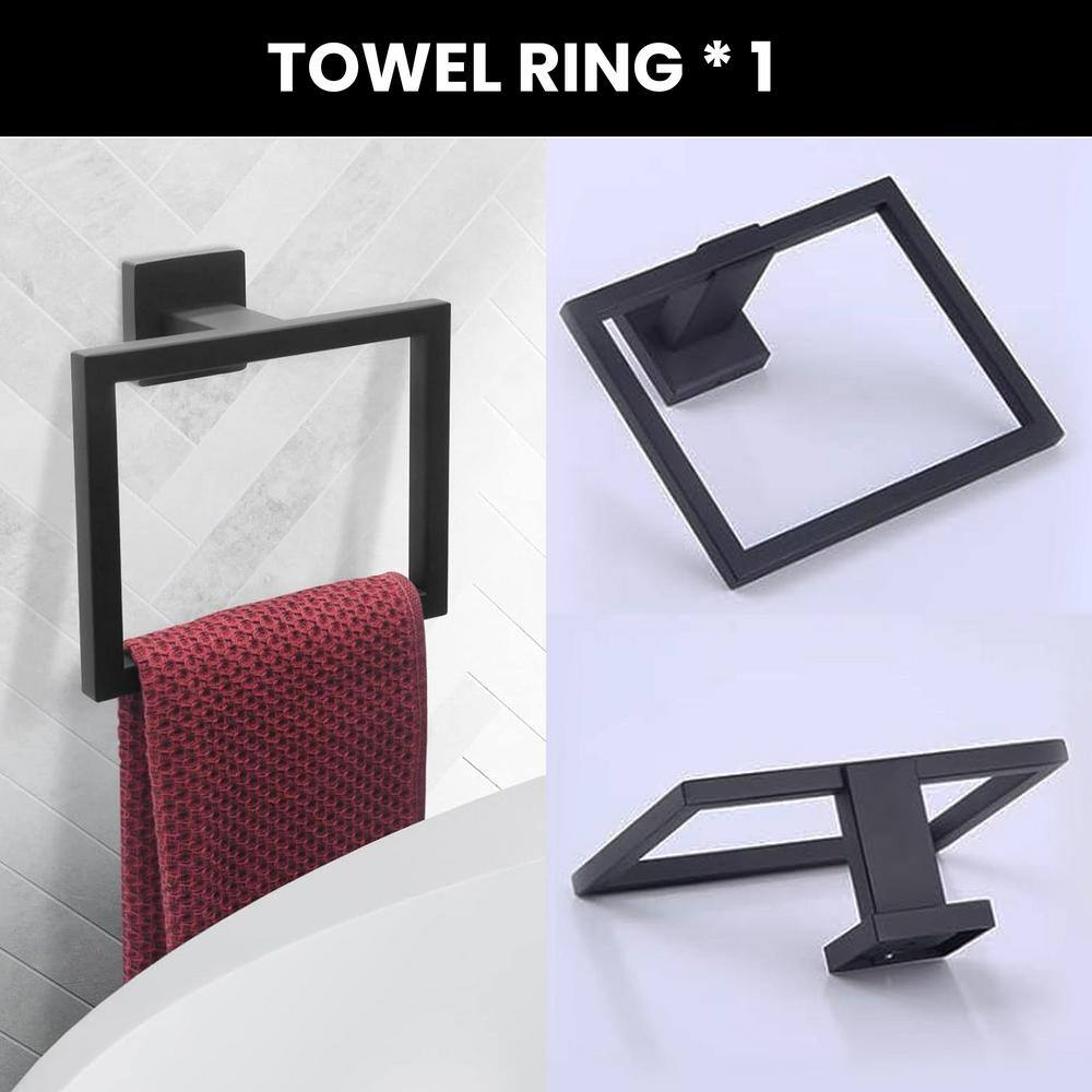 Stainless Steel Matte Black Bathroom Hardware Accessories - 5 Piece Set with 16 inch Square Towel Bar, Towel Rack & Holder