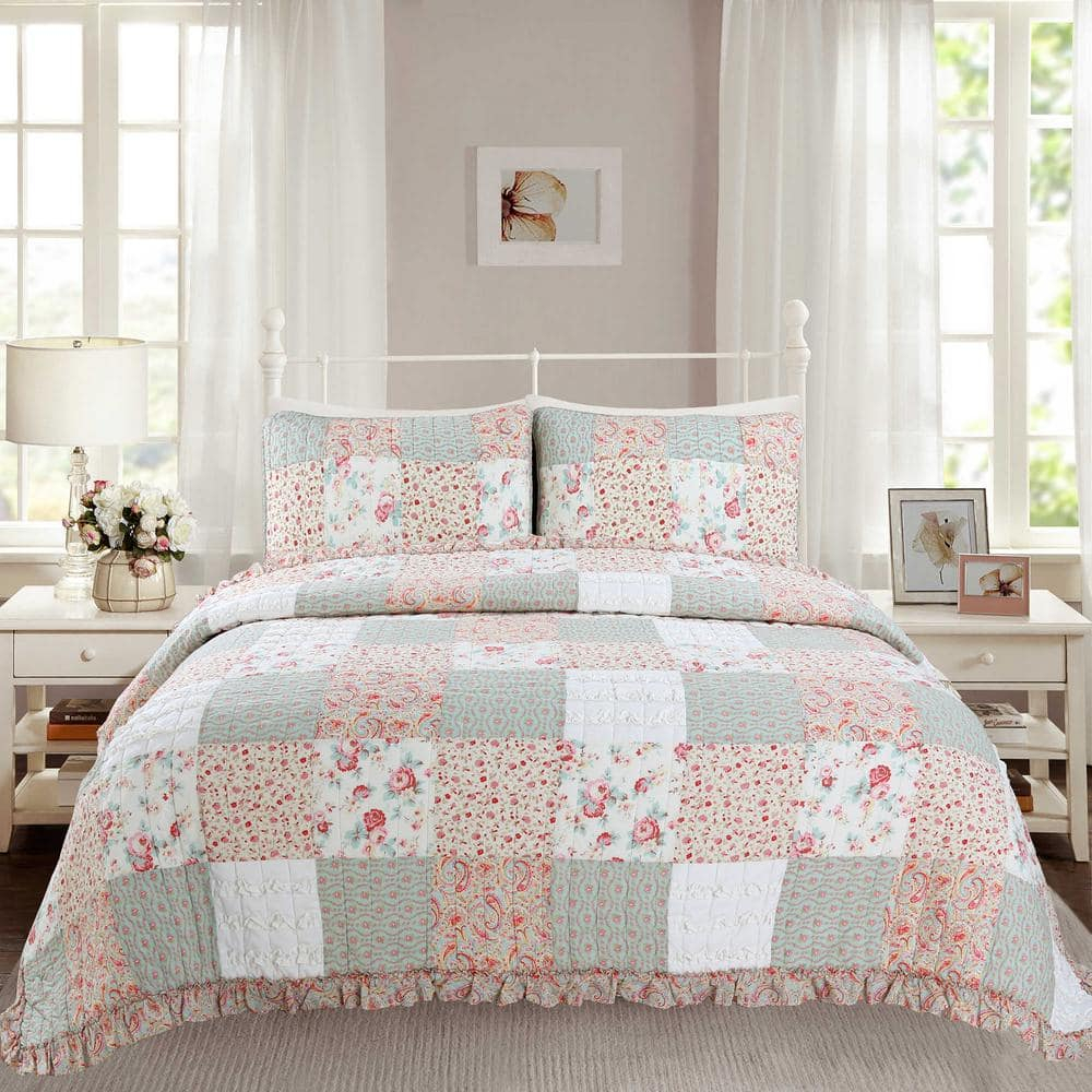 Cozy Line Home Fashions 100% Cotton Real Patchwork Floral Coral Pink Ruffled Shabby Chic Girly Reversible Quilt Bedding Set, Coverlet Bedspread (Sweet Roses, Queen - 3 Piece)