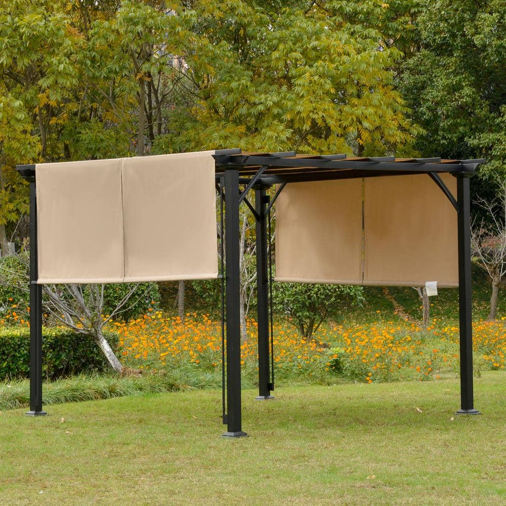 Outsunny 10' x 10' Outdoor Retractable Pergola Canopy with Sun Shade Unique Design Canopy Patio Metal Shelter for Garden Porch Beach, Beige