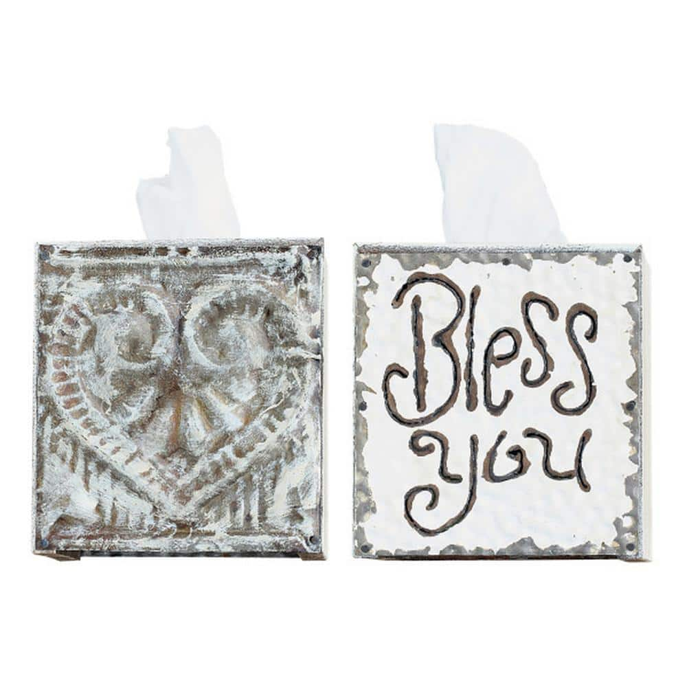 Creative Co-Op Wood & Metal "Bless You" Tissue Box Cover