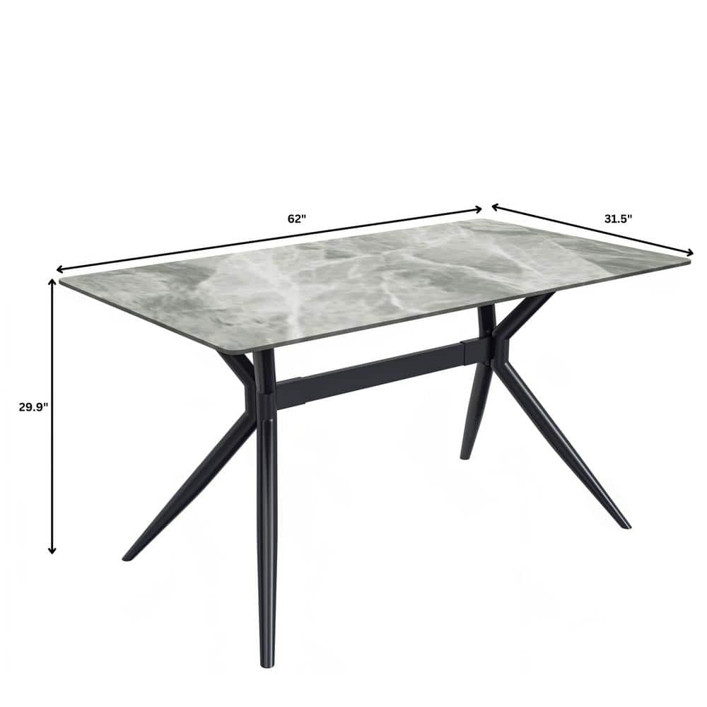 LeisureMod Elega Series Modern 62” Dining Table with Sintered Stone or Glass Rectangular Top and Black Stainless Steel Base in Light Grey