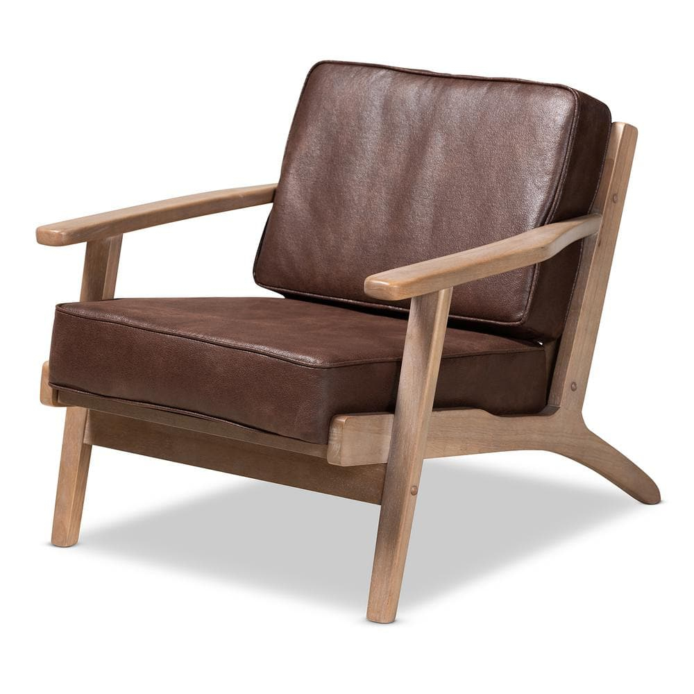 Antique Oak Dark Brown Faux Leather Accent Chair