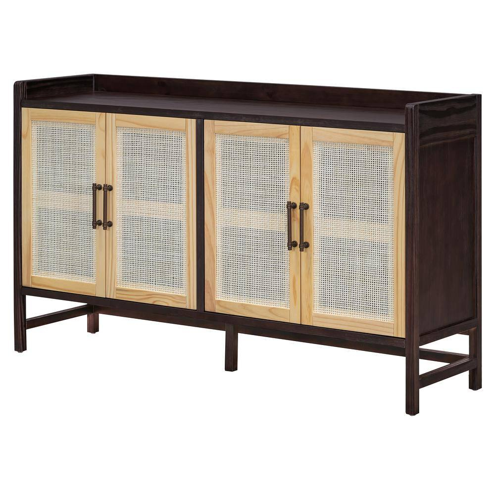 Natural Walnut Wood 60 in. Sideboard with Decorative Rattan Doors and Adjustable Shelves