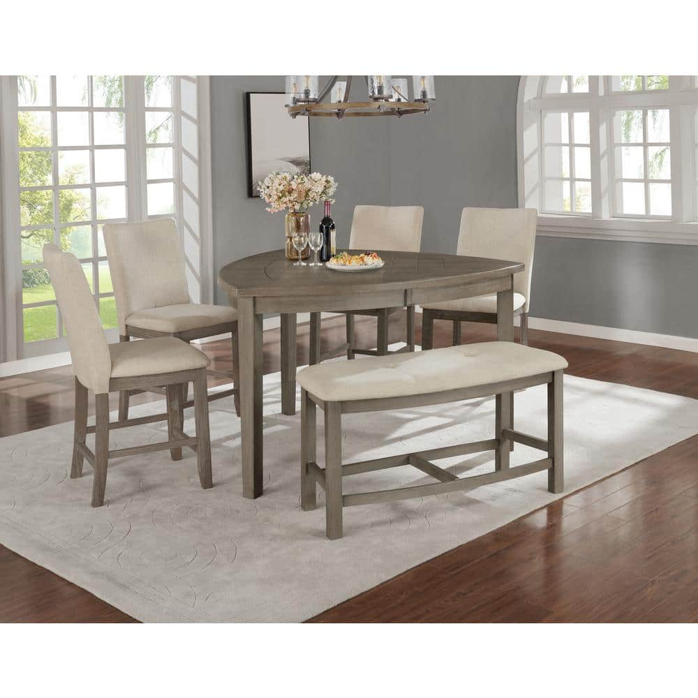 Rustic Gray Wood Counterheight Dining Bench in Beige Linen Fabric