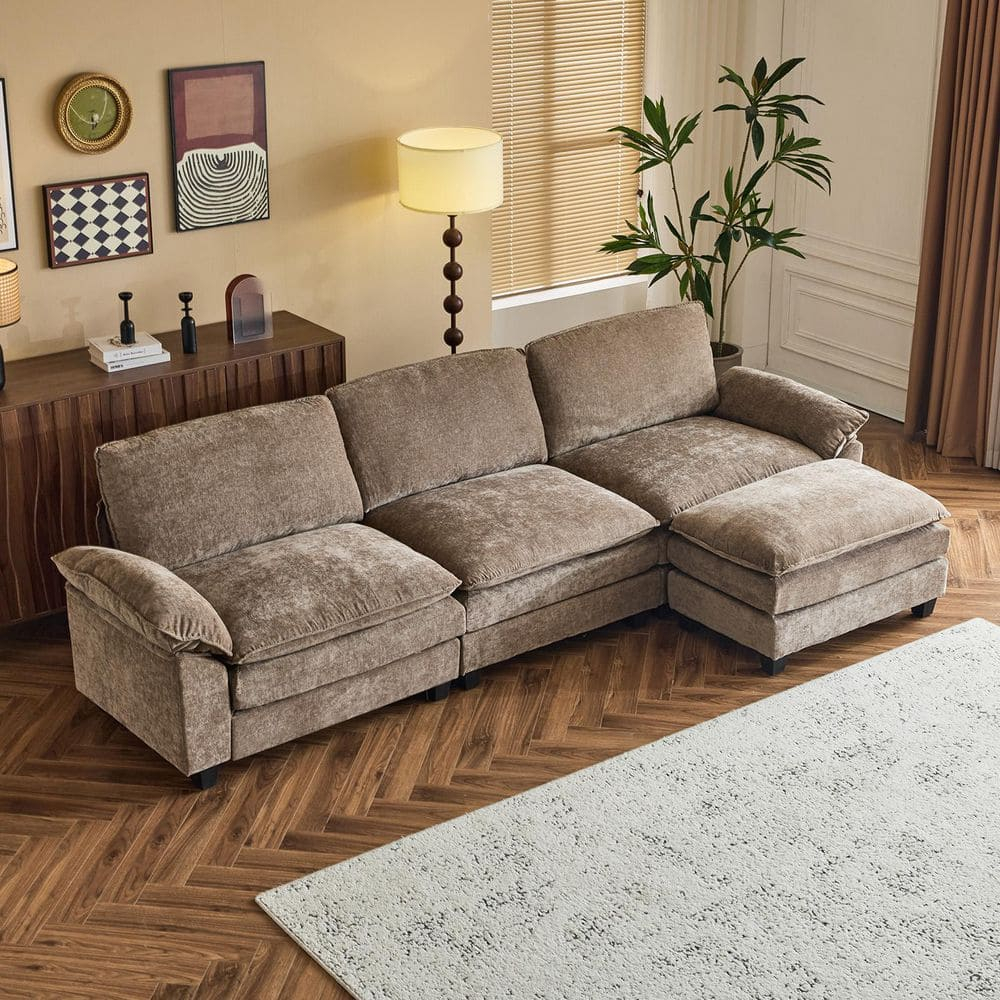 Karl home Sectional Sofa Modular Deep Seat Sofa Couch with Ottoman, Chenille Sofa Sleeper Comfy Upholstered Furniture for Living Room, Apartment, Studio, Office, (3-Seat & 1-Ottoman, Light Brown)