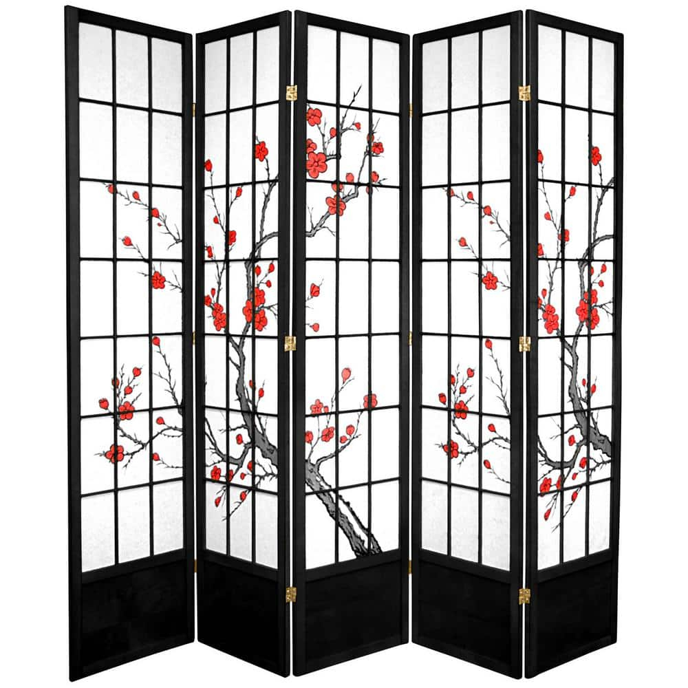 83.5" Black Cherry Blossom Shoji Room Divider with 5 Panels