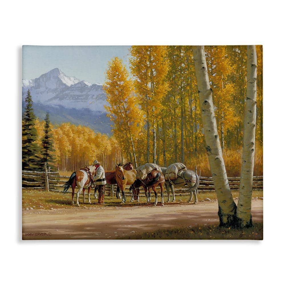 Stupell Industries Horses with Fall Foliage Landscape Painting Gallery Wrapped Canvas Art Print Wall Art, 20 x 16