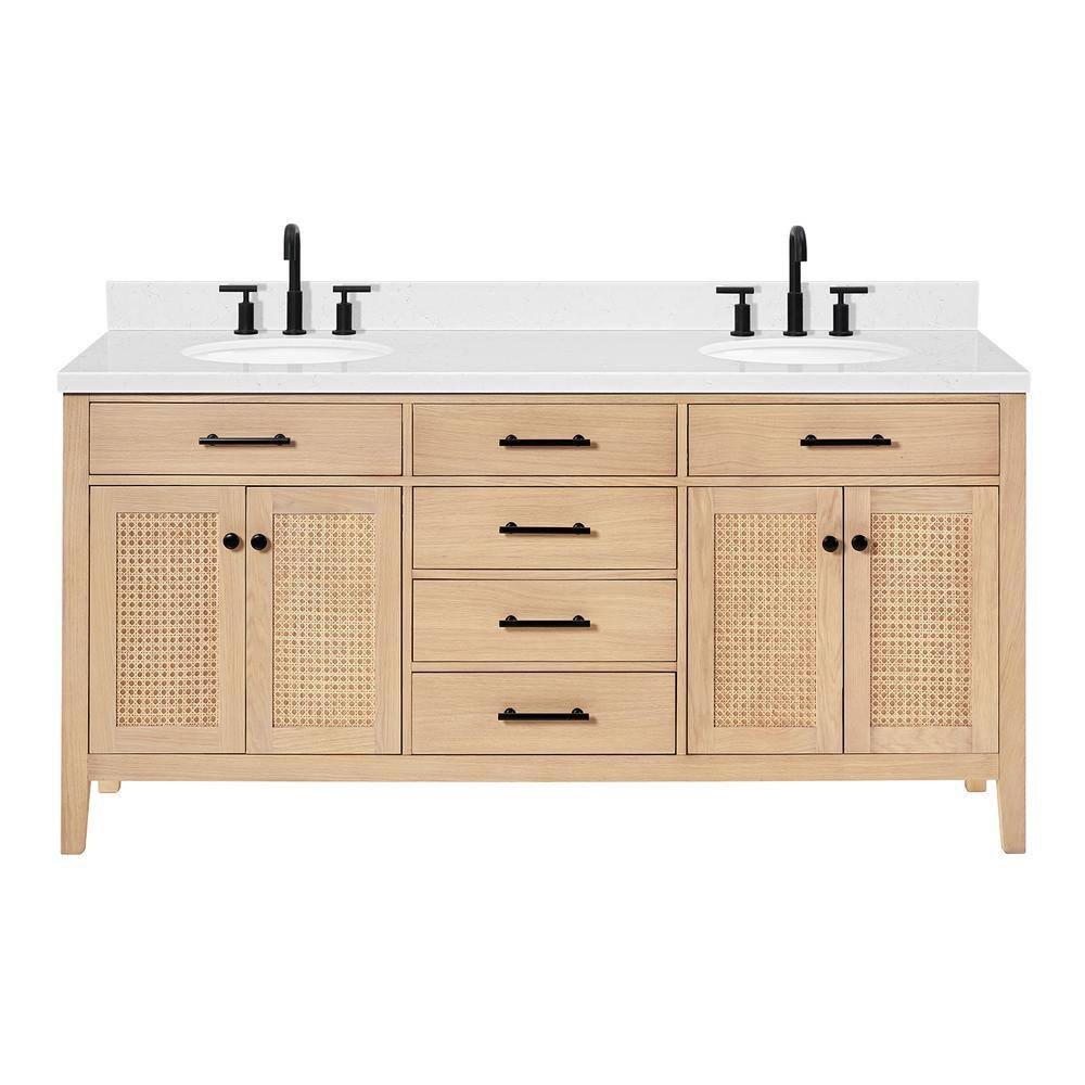 Camila 72 in. W x 22 in. D x 36 in. H Double Oval Sink Bath Vanity in White Oak with Carrara White Quartz Top
