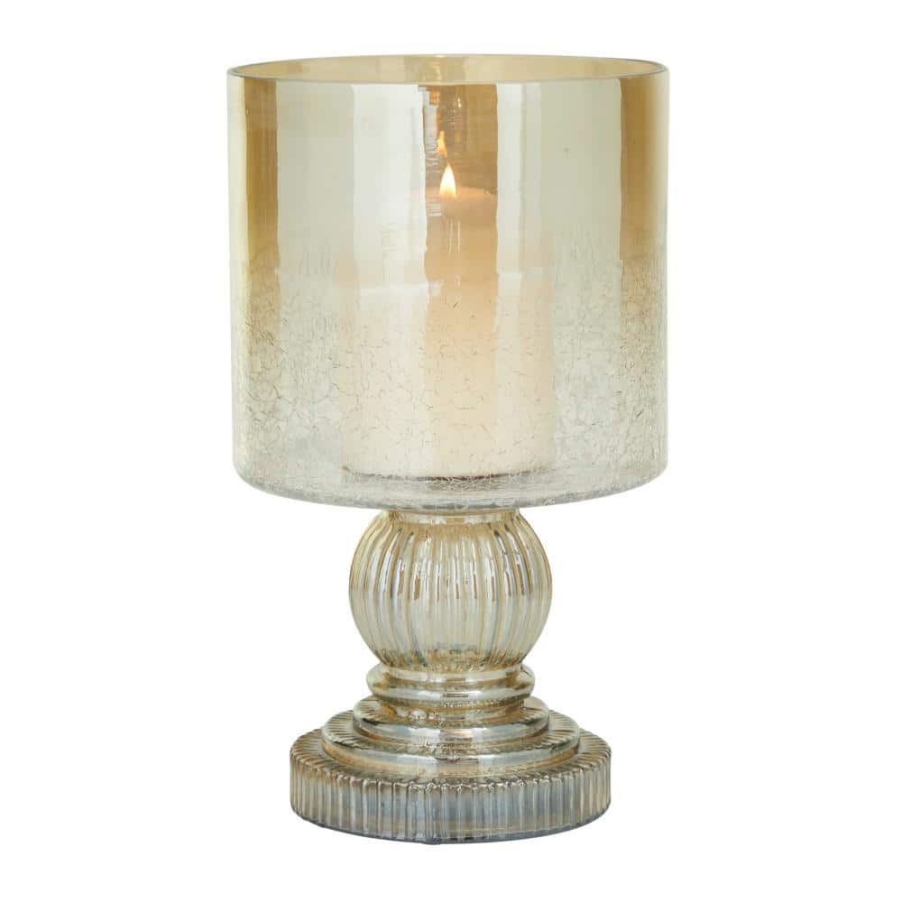 DecMode Brass Glass Handmade Turned Style Pillar Hurricane Lamp with Faux Mercury Glass Finish