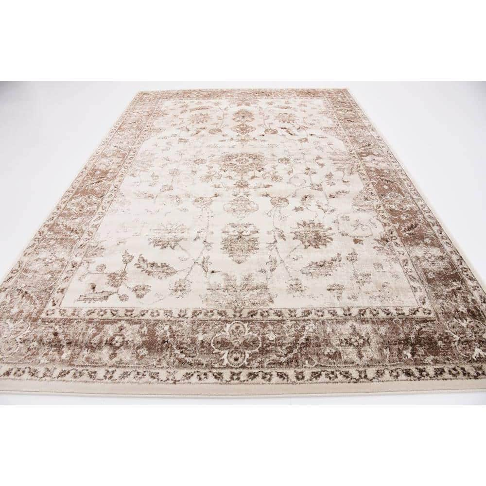 Ivory and Brown Synthetic Stain-Resistant Rectangular Area Rug