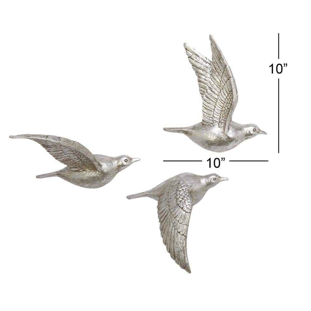 DecMode Silver Polystone Metallic 3D Sculpted Bird Wall Decor (3 Count)