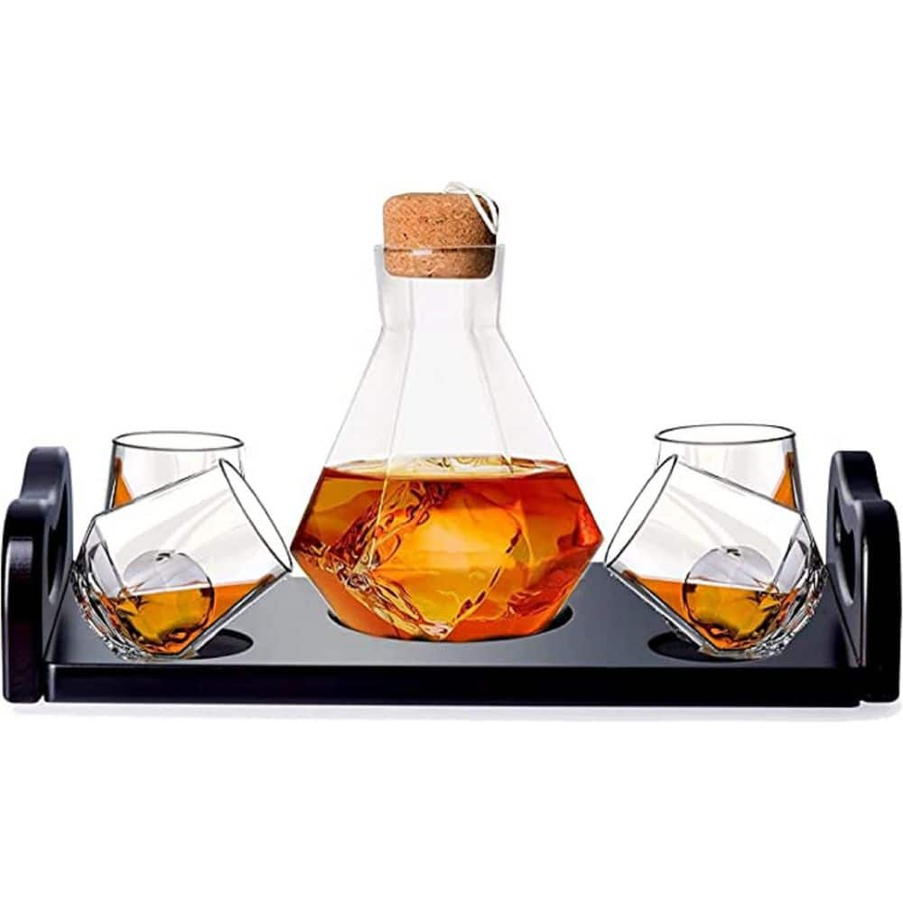 J&V TEXTILES 6-Piece Italian Crafted Glass Decanter & Whisky Glasses Set, Elegant Whiskey Decanter with Ornate Stopper Wooden Base and 4 Exquisite Cocktail Glasses
