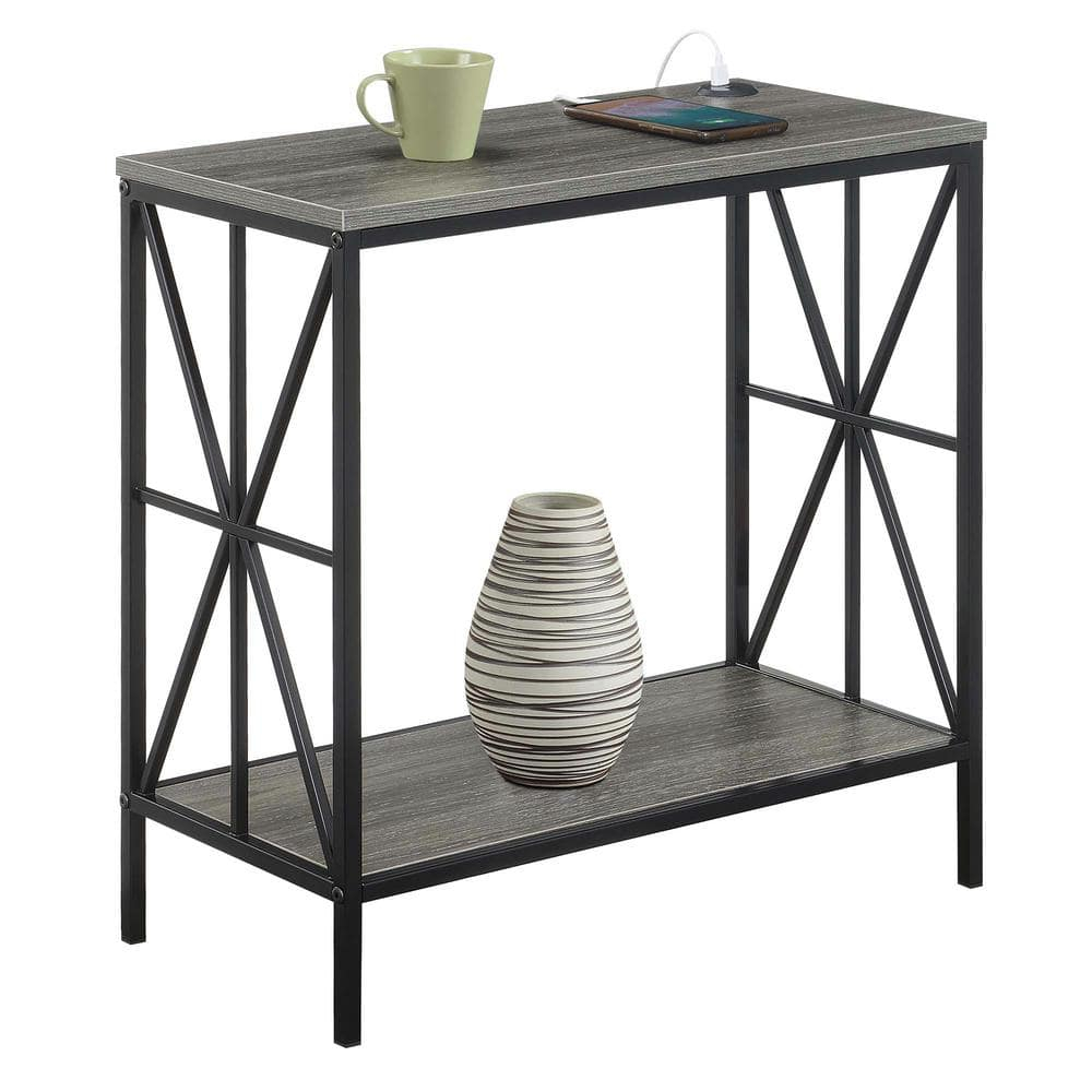 Convenience Concepts Tucson Starburst Chairside End Table with Charging Station and Shelf, Weathered Gray/Black