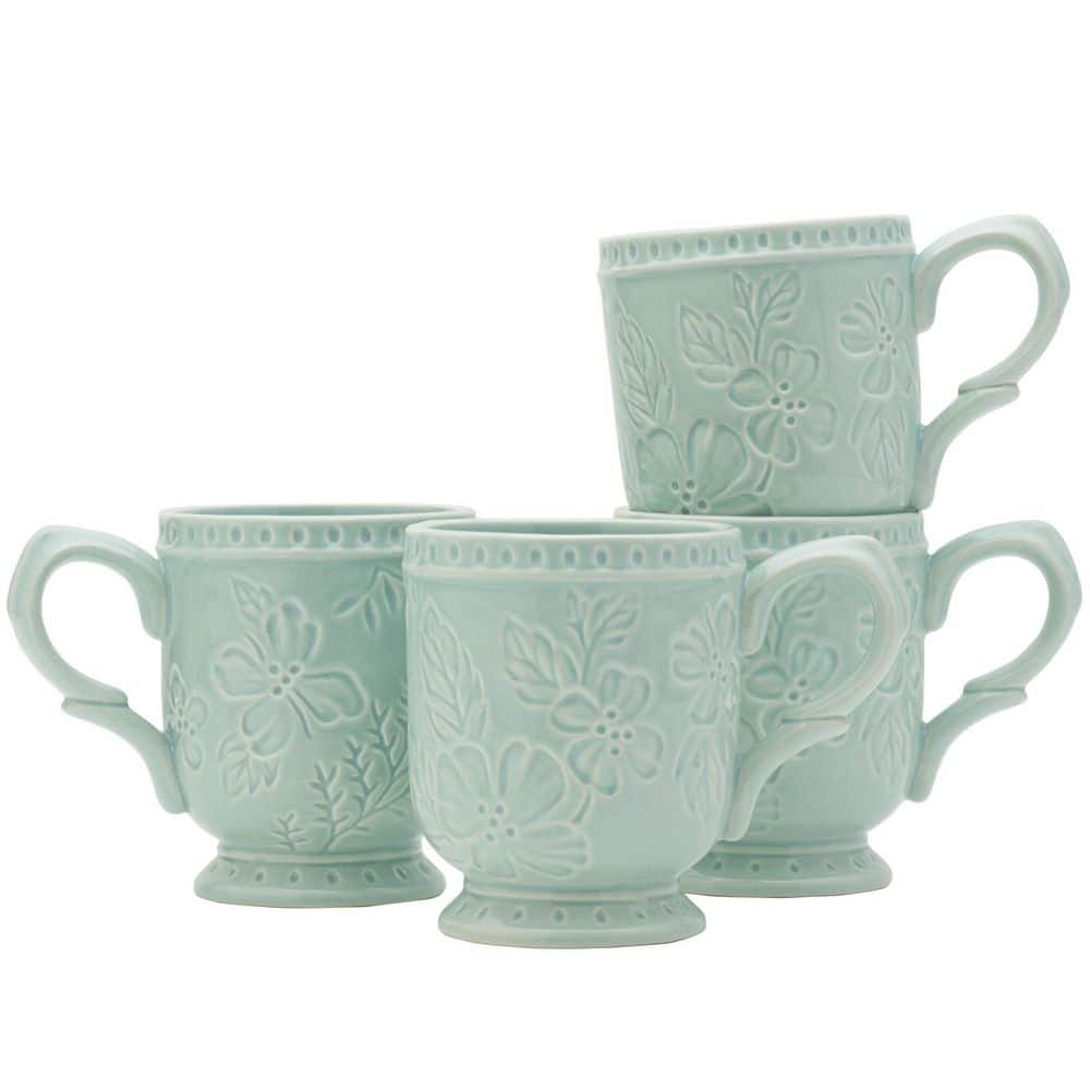 Blue Ceramic Floral Etched 12 Oz Mug Set of Four