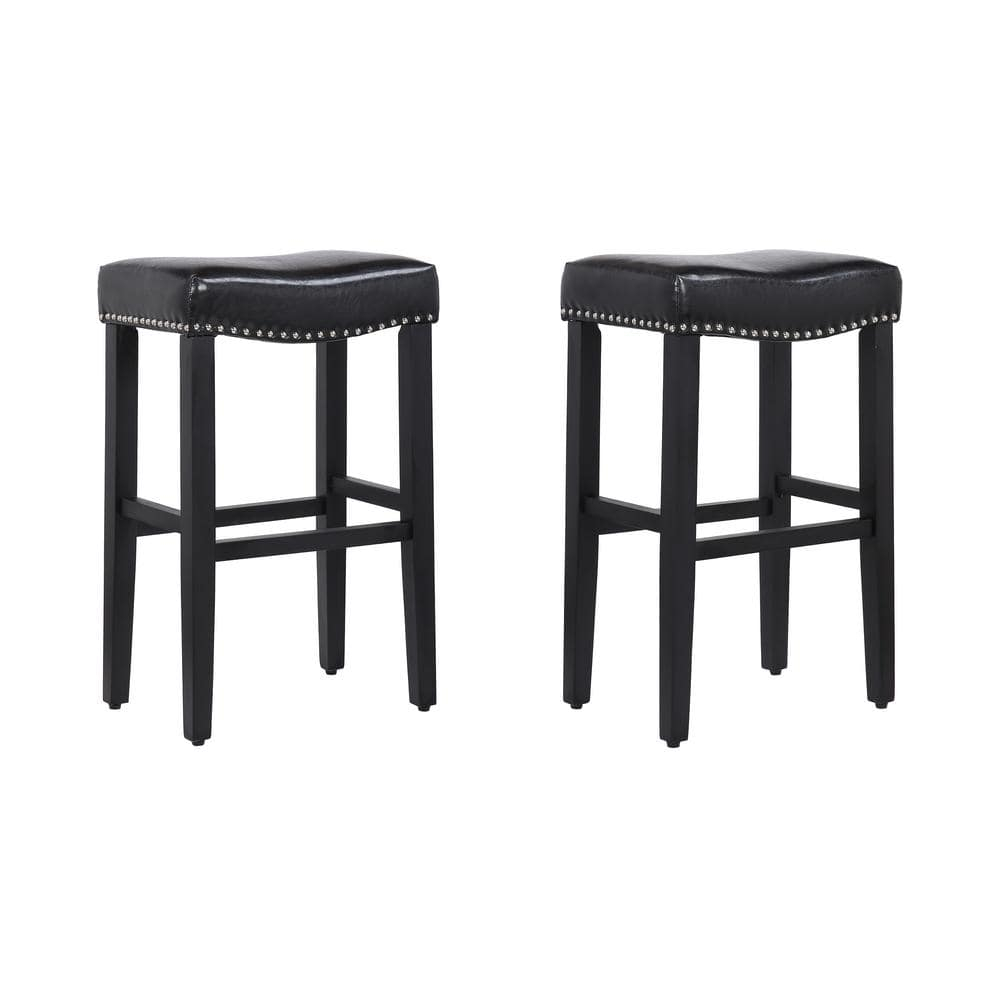 Westin Outdoor Yazan 29" Upholstered Counter Stool with Nail Head Trim (Set of 2), Black/Leather