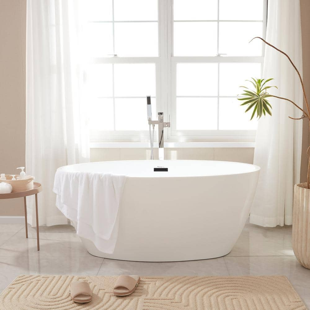 Calais 55 in. L x 32 in. W Acrylic Flatbottom Freestanding Bathtub with Center Drain in White/Matte Black