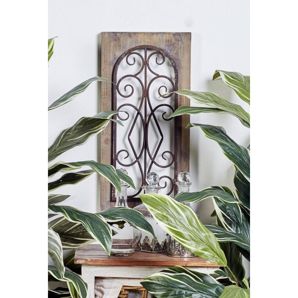 Deco 79 Wood Scroll Home Wall Decor Window Inspired Wall Sculpture with Metal Scrollwork Relief, Wall Art 11" x 2" x 23", Brown