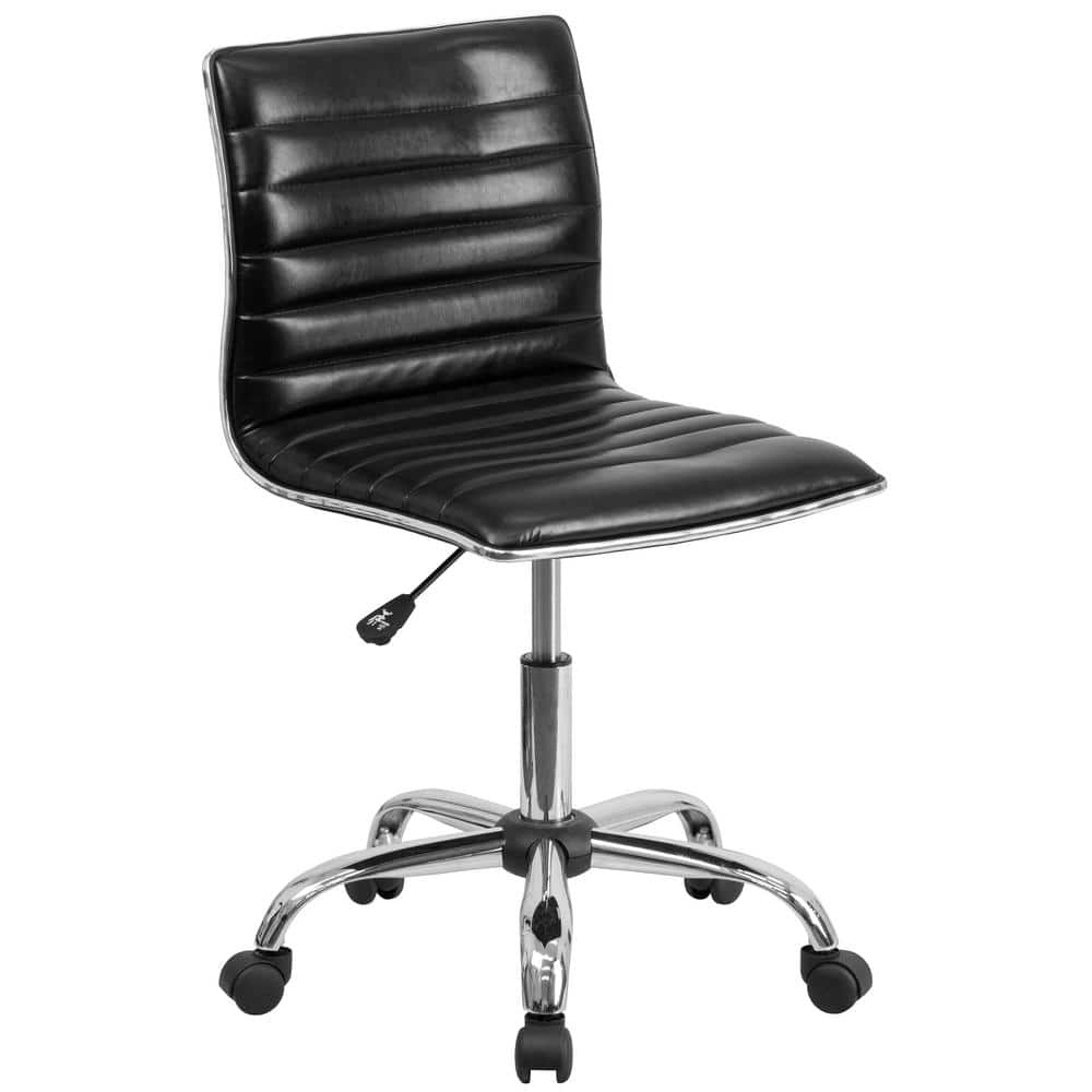 QueelQuest Adjustable Task Chair PU Leather Low Back Ribbed Armless Swivel Black Desk Chair Office Chair Wheels (Black)