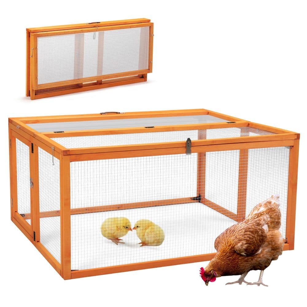 Coziwow Folding Chicken Coop, Wooden Rabbit Hutch for Small Animals with Roosting Bar, Orange