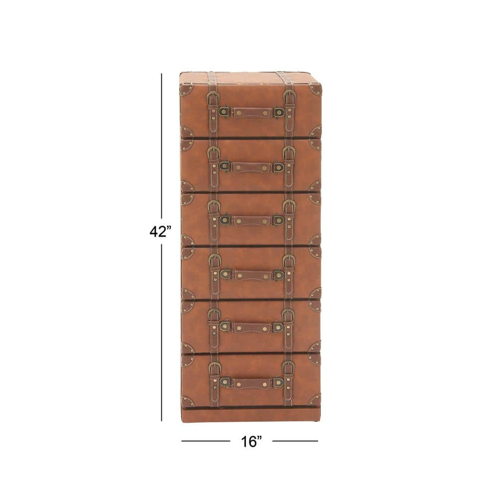 DecMode 16" x 42" Brown Wood Faux Leather 6 Drawers Chest with Buckle and Strap Detailing, 1-Piece
