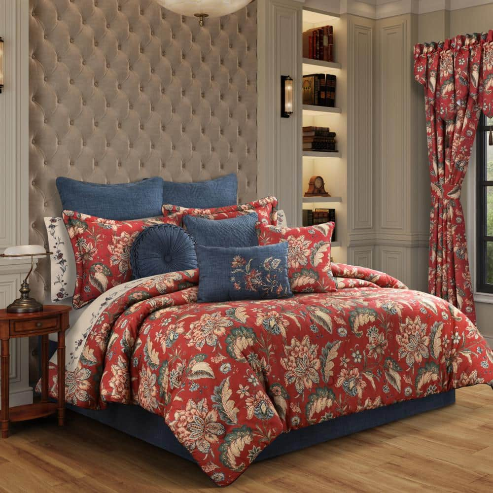 California King Red Cotton Floral Comforter Set