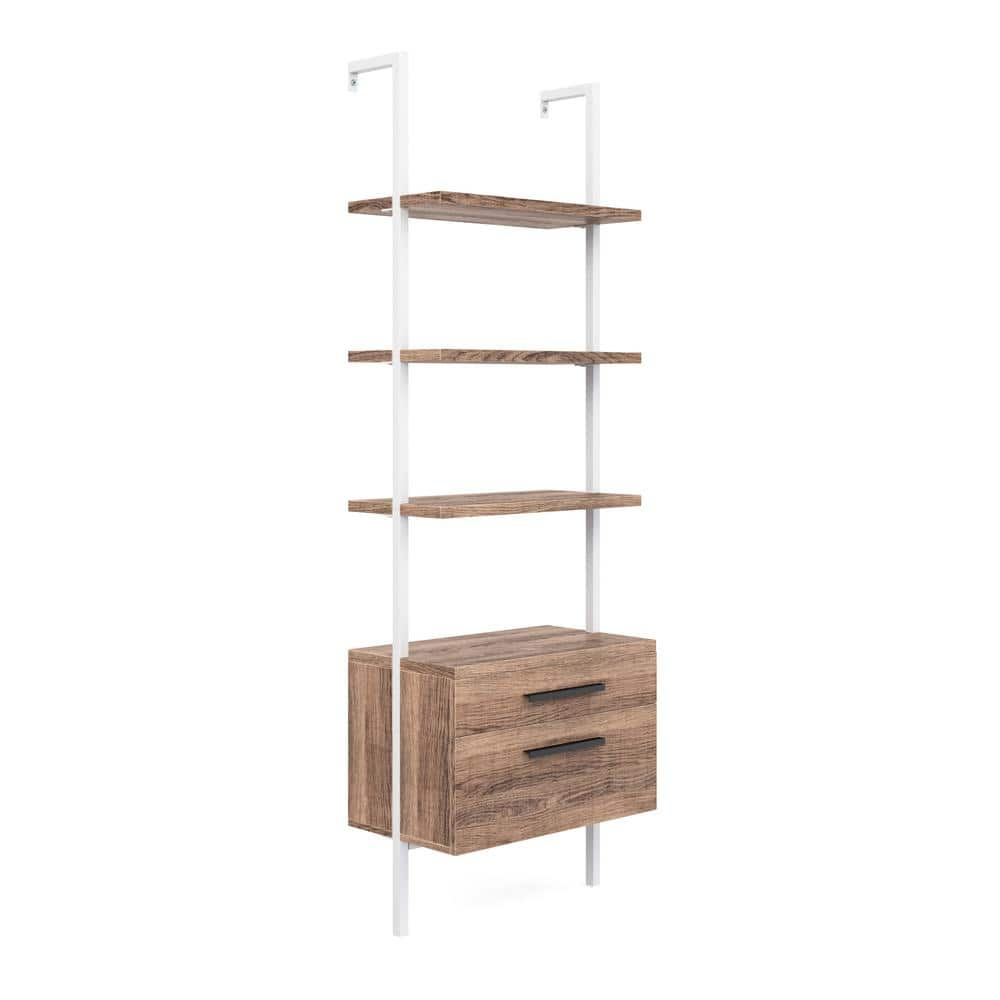 Nathan James Theo Open Shelf Bookcase with Drawers in Rustic Oak Wood and White Steel Frame