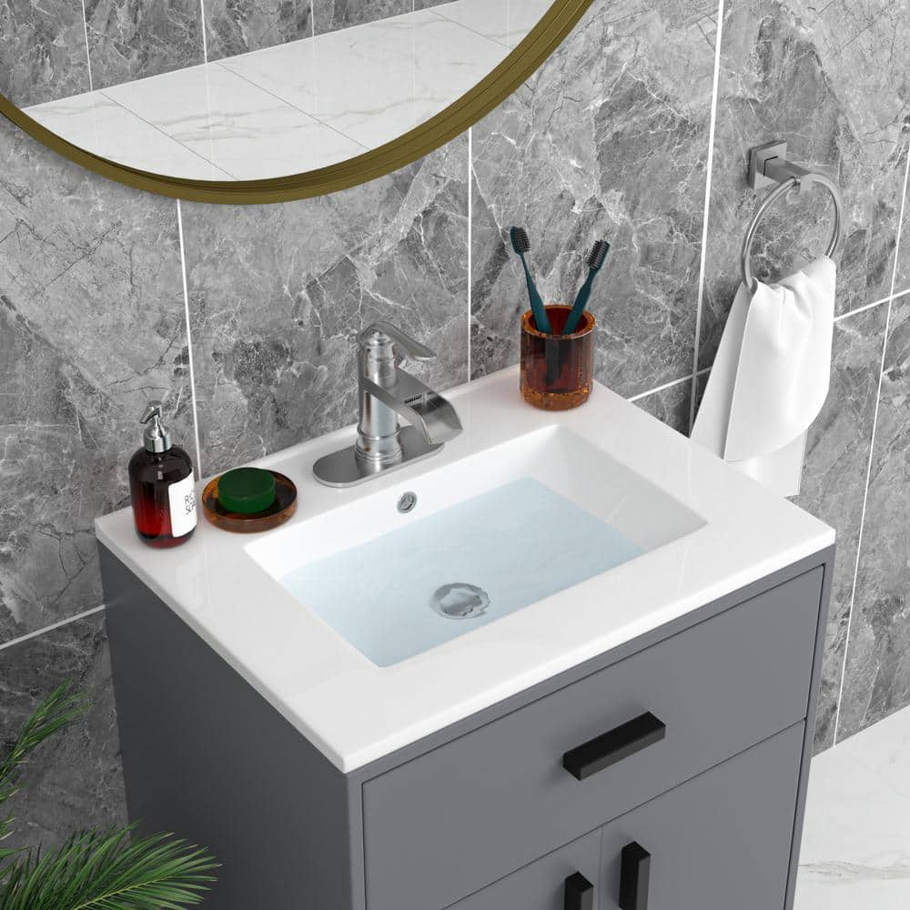 Sarlai 24 Inch Bathroom Vanity Sink Tops - White Drop In Bathroom Sink Ceramic Topmount Rectangular Vanity Top with Overflow
