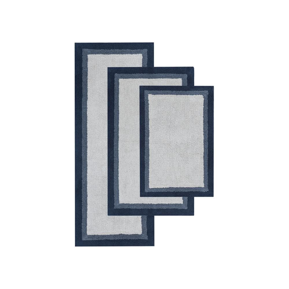 Navy and White Cotton Tufted Bath Rug Set